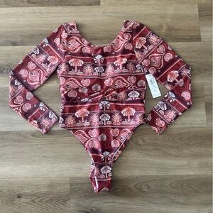Phax Floral Long Sleeve One-Piece Swimsuit – (Red/Burgundy Print)- NWT